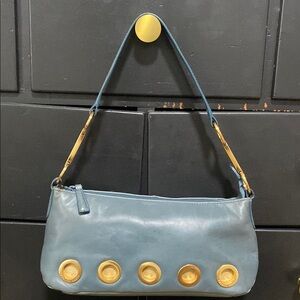 Blue Leather Shoulder Bag with Gold Accents